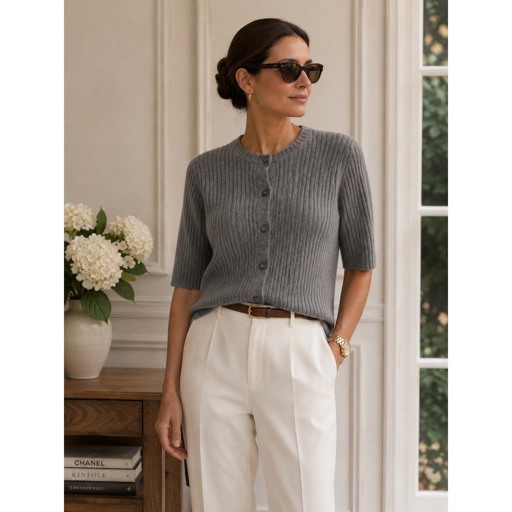 House‎ of Harlow 1960 Cardigan Medium Gray Cashmere Ribbed Short Sleeve Top